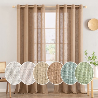 MIULEE Gardinen Vorhänge mit ösen Voile Vorhang kurz Modern Leinenoptik Halbtransparent Ösenvorhang für Wohnzimmer Kinderzimmer Raumteiler 2er Set Braun 160x140 cm