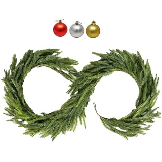 Tannengirlande,Weihnachtsgirlande Outdoor,Künstlicher Norfolk-Kiefernkranz 200cm für Indoor-Weihnachtsmüntel, Esstische,Türen,Treppen,Weihnachtsdekorationen im Freien.mit 3 Weihnachtsbaulen (1 Stück)