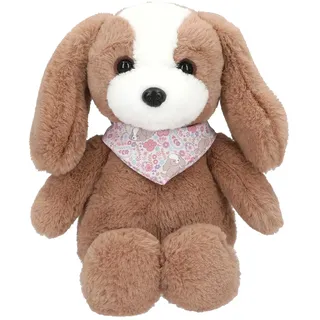 DEPESCHE 13172 Princess Mimi - Kuscheltier Hund Milo in Braun-Weiß, mit Langen Schlappohren, ca. 25 cm großes Plüschtier mit geblümtem Halstuch