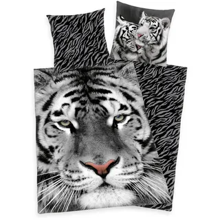 Herding Bettwäsche Set weißer Tiger 135 x 200 cm 80 x 80 cm 100% Baumwolle