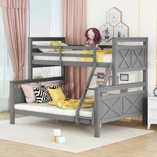 Flieks Etagenbett mit Rausfallschutz, Hochbett mit Leiter, Kinderbett 90x200cm/140x200cm, Stockbett mit Lattenrost, Massivholzbett für Kinder, Grau - Grau