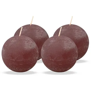 Brandsseller 4er Set Kugelkerzen 9cm Ø – Rustikale Kerzen rund & durchgefärbt aus Paraffin – Lange Brenndauer – Dekokerzen für Weihnachten, Adventskranz, Tischdeko & Feste Bordeaux