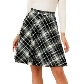 Allegra K Damen Plaids Vintage Tartan Elastische Taille Knielang A-Linie Rock, Schwarz, Mittel