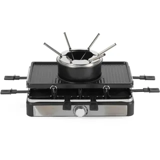 SALTER Elektrischer Raclette Grill & Fondue - 2-in-1 Rauchfreier Indoor Grill, 1,3L Schmelztopf für Schokolade, Käsefondue, 6 Gabeln, Einstellbare Temperatur, 8 Antihaft-Pfännchen & Holz-Spatel, 1400W