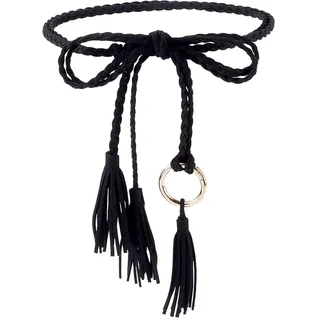 craspire Boho Taillengürtel Für Damen Geflochten Mit Quasten Schmal Aus Schwarzem Leder Handgefertigt Lange Makramee Kette Mit Ring Passend Zu Kleidern Röcken Und Wickeloberteilen.
