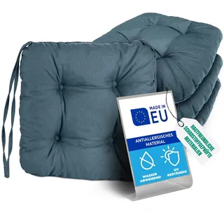 Pillows24 4X Sitzkissen Outdoor 40x40, 8cm dick, Wasser- & UV-beständig | Bändern, Bequeme Stuhlkissen, Stuhlauflage Sitzpolster, Sitzauflage Gartenstuhl, Extra dicke Sitzkissen Stuhl türkis