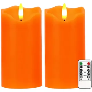Justup Flammenlose LED-Kerzen, Set von 2 Flackernde LED Kerzen mit Fernbedienung und Timer, Dimmbare Säulen Kerzen Batterie betrieben, Orange Kerzen für Herbst Halloween Thanksgiving Dekor (Orange)
