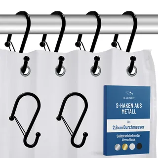 Blau Marité 12 Metall-Duschvorhanghaken in S-Form mit Anti-Fall-System, Duschvorhangringe mit Sicherheitsverschluss, Geeignet für Stangen bis 2,6 cm Durchmesser (S, Schwarz)