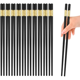 10 Paar Premium-Fiberglas-Essstäbchen für Sushi, Ramen, asiatische Geschirr, wiederverwendbar, spülmaschinenfest, japanische chinesische rutschfeste Essstäbchen, schwarz und goldfarben, 24 cm Länge