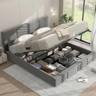 Flieks Polsterbett mit Stauraum, Doppelbett 160x200cm Boxspringbett mit Lattenrost, Stauraumbett Funktionsbett Samt, Grau - Grau