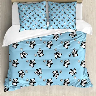ABAKUHAUS Fußball Bettbezug, Panda Kugel Tritt, Milbensicher Allergiker geeignet mit Kissenbezügen, 155 cm x 220 cm - 80 x 80 cm, Blassblau Schwarz Weiß - Weiß