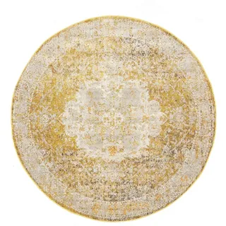RugVista Nadia Teppich, Ø 200 cm, Gelb | Vintage, Rund, Niedriger Stapel, Nur chemische Reinigung, Oeko-Tex 100, Wohnzimmer, Esszimmer, Schlafzimmer, Küche
