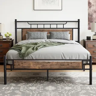 VECELO Bettgestell, 140 x 190 cm, doppelter Plattformrost mit Kopfteil aus Holz, Lattenhalterung aus hochwertigem Stahl, Aufbewahrung unter dem Bett, einfache Montage, braun