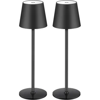 2 Stück LED Dimmbare Akku Tischlampe Kabellose, Wiederaufladbar Warme Lichtfarbe 3000K Tischleuchte Für Innen und Aussen mit USB-C, Aluminium, IP54 Wasserdichte, Schwarz [Energieklasse A] (Schwarz)