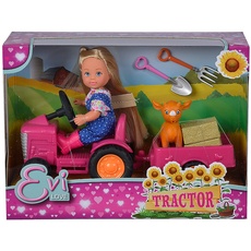Simba 105733518 - Evi Love Tractor, Puppe auf ihrem Traktor mit Anhänger, Tier, Heuballen, Schaufel und Mistgabel, 12cm, Für Kinder ab 3 Jahren geeignet