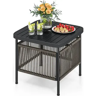 COSTWAY Beistelltisch Outdoor wetterfest, Polyrattan Gartentisch mit Schirmloch, Kleiner Balkontisch, Kaffeetisch 56 x 56 x 49cm - Schwarz