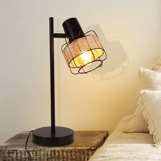 ZMH Tischlampe Vintage Landhaus Tischleuchte - Rattan Nachttischlampe Schwarz Rustikal aus Bambus Metall mit Schalter E27 Lampenschirm Boho in Natur Schwenkbar 120° für Wohnzimmer Schlafzimmer - Schwarz