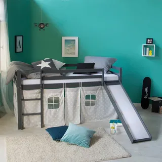 Homestyle4u Hochbett 90/200 cm in grau mit Rutsche , Grau , Holz , Babymöbel & Kindermöbel, Kinderzimmer & Jugendzimmer, Kinderbetten, Hochbetten