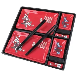 Lachineuse – Traditionelles japanisches rotes Sushi-Set – Teller, Essstäbchen und Untertassen für 2 Personen – Porzellan – Kirschblütenmuster – Japanische Geschenkideenbox