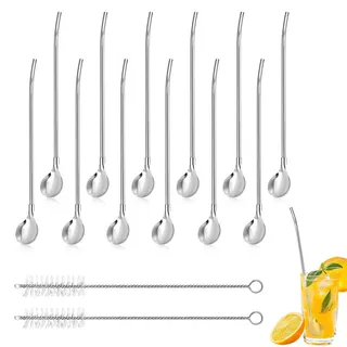 12 PCS Edelstahl Trinkhalmlöffel, Wiederverwendbar 21 cm Mit 2 Reinigungsbürsten, Metall Strohhalm Löffel Set Für Latte Macchiato, Cocktails, Eiskaffee, Milchshakes, Smoothies, Partygetränke