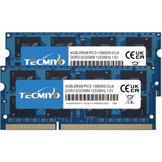 TECMIYO 8GB DDR3 PC3 10600S DDR3-1333MHz SODIMM Arbeitsspeicher RAM CL9 204 Pin 1,5V Nicht-ECC ungepufferter Laptop-Speicher Notebook-RAM-Modul