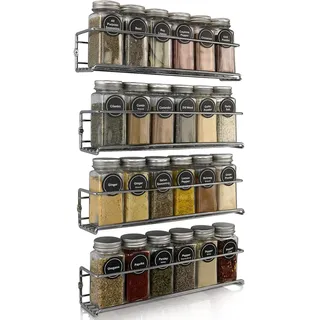 comforder Gewürzregal Wand, 4x Gewürzregal hängend aus Metall für 24 Gläser – 29 x 6 x 6 cm - Gewürz Organizer inkl. Montagematerial zum Kleben oder Bohren (Silber)