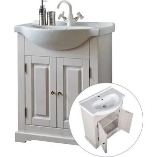 Landhaus Waschtischunterschrank inkl. Keramikwaschtisch 65 cm LIRIA-56, Massivholz Kiefer weiß, B x H x T ca. 65 x 85 x 43cm - Weiß