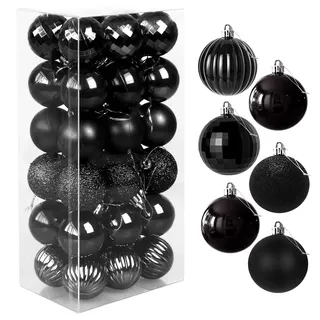 Favuit Christbaumkugeln, 4cm 36er Weihnachtskugeln Set Kunststoff Baumschmuck Christbaumschmuck Weihnachtsbaumschmuck Weihnachtsbaumkugeln Dekokugeln Kugeln Weihnachten(Schwarz)