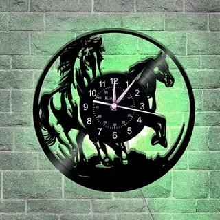 Smotly Vinyl-Wanduhr mit LED-Nachtlicht und Zwei galoppierenden Pferden Muster, das Glück symbolisiert, ist EIN Geschenk für Wanddekoration Wanduhren im Handel verwendet. (mit Lampe)