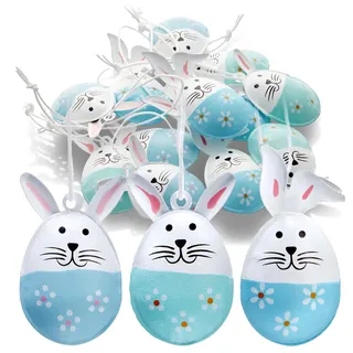 com-four® 12x Dekoaufhänger Ostern - Osterhase in Ei-Form aus robustem Metall - Osterdeko zum Aufhängen an Strauch, Baum, Tür und Fenster - Aufhänger für den Osterstrauß (grün + hellblau)