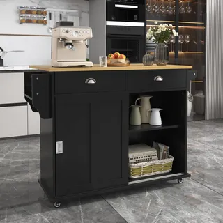 MODFU Kommode Sideboard 112x40(70)x94 cm,mit Klappbare Massivholzoptik-Arbeitsplatte, mit Ablagetür, Rollen & Auswechselbaren Massivholzfüßen für Küche, Schwarz