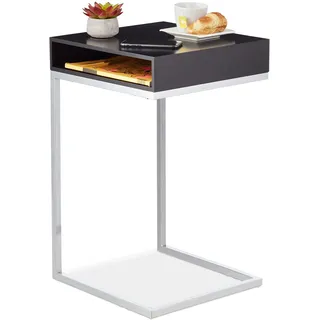 Relaxdays Beistelltisch, C-Form, HBT: 63x37x38 cm, Sofatisch zum Unterschieben, MDF & Metall, Ablagefach, schwarz/Silber