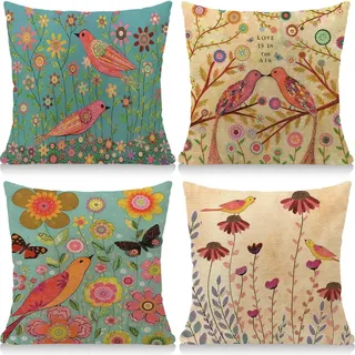 Cirzone Wasserdichte Kissenbezug 4 Stück 45 x 45 cm Dekorative Outdoor Kissen Wasserfest Atmungsaktiv Vögel und Blumen Kissenbezug Werden für Sofakissen Garten Outdoor