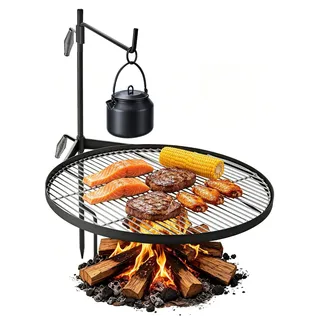Lagerfeuergrill - Schwenkgrill mit Grillrost 62 cm - Höhenverstellbar - Mit Grillständer - Drehbar für offenes Feuer - Für Camping und Garten - Schwarz