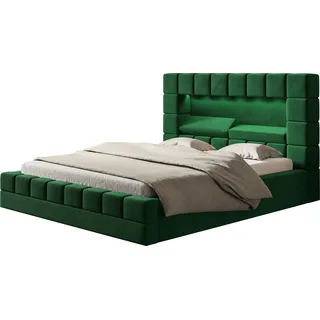 Polsterbett HILTON 200 x 200 cm mit LED Beleuchtung, Doppelbett inkl. Bettkasten und Lattenrost, Farbe Grün - Grün