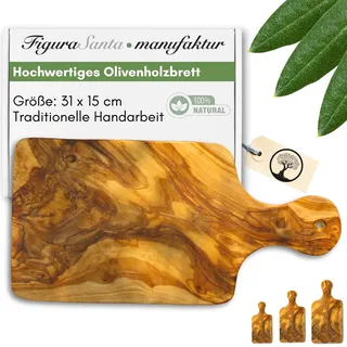 Figura Santa Olivenholz Olivenholzbrett mit Griff, Schneidebrett, Servierbrett, Handgefertigt seit 1988, Rustikales Holzbrett für die Küche,Käsebrett und Antipasti Servierplatte, (30 cm)
