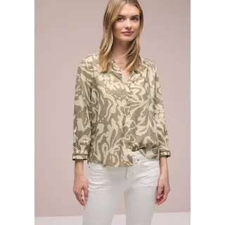 Druckbluse STREET ONE, Damen, Gr. 38, safari beige, Web, Obermaterial: 100% Viskose, gemustert, figurumspielend hüftbedeckend, V-Ausschnitt, Blusen Druckbluse, 3/4-Arm-Bluse mit floralem Muster und Tape-Details