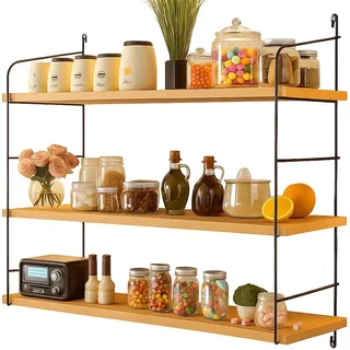 Wandregal Holz Metall 3-Etagen Küchenregal Bücherregal Badregal Hängeregal Organizer Regal Wand 60x60x14 cm Vintage Retro Schwarz Natur - Schwarz