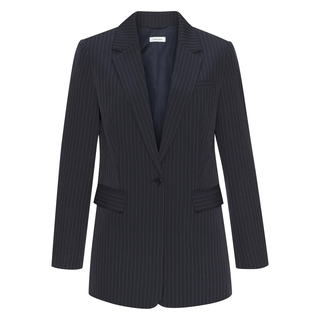 Longblazer LASCANA, Damen, Gr. 46, blau (marine, creme gestreift), Web, Obermaterial: 93% Polyester, 7% Elasthan. Futter: 100% Polyester, Nadelstreifen, figurumspielend hüftbedeckend, Blazer Longblazer, mit Nadelstreifen, Damenblazer, festlich, Topseller