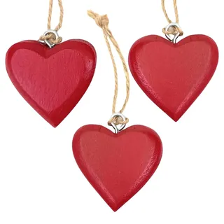 Marzoon Lackierte Holz Herz Anhänger mit Juteband ca. 4,5 x 5 cm - Massiv Holzherzen - Deko für Geschenke - Mini-Deko - Mitbringsel (3er Set Rot)