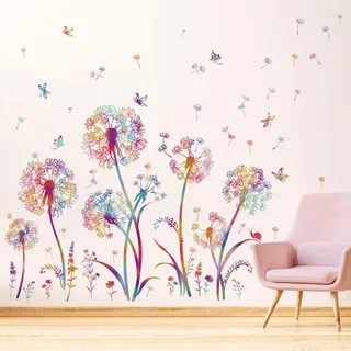 wondever Wandtattoo Pusteblume Bunte Wandaufkleber Löwenzahn Blumen Schmetterling Wandsticker Wanddeko für Kinderzimmer Babyzimmer Mädchen Schlafzimmer