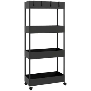 Homcom Rollwagen, Küchenregal mit 4 Ebenen, Aufbewahrungsregal mit Rollen, Küchenwagen , Schwarz , Metall , 19x90x40 cm , Esszimmer, Servierwagen