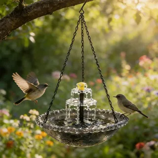 Vogeltränke Hängend mit Solarbrunnen, Solar Vogeltränke Balkon, Vogelbad Garten zum Aufhängen, Wassertränke für Vögel mit Springbrunnen Wasserspiel,Metall Trinkschale Vögel für Garten Hof Outdoor (D)