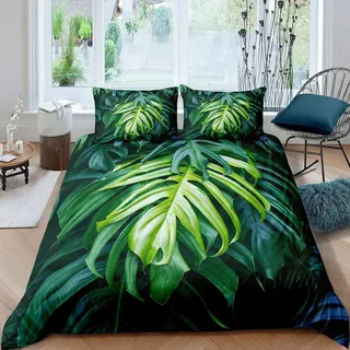 Homewish Palm Leaf Bettwäsche Set,Monstera Trösterbezug,Hawaiian Tropical Leaves Bettbezug für Kinder Jungen Mädchen Teens,Sommer Frühling Naturpflanzen Bettbezug Grün 2 Stücke 135x200