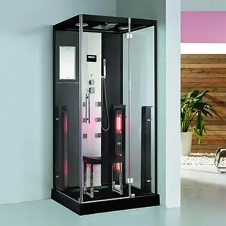 purehaven 2in1 Dampfdusche und Infrarotsauna 100x90x215 cm Aluminiumrahmen komplettem Zubehör Tropenbrause Sitzfläche Radio Massagefunktion Schwarz - Schwarz