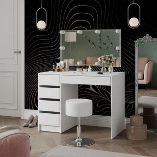 Vicco Schminktisch Thalia, 100 cm mit LED Beleuchtung und Hocker, Weiß Hochglanz - Weiß