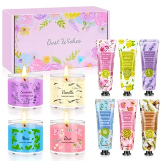 Duftkerzen-Geschenk-Set für Frauen Geburtstagsgeschenk 4 Stück Duftkerze und 6 Handcreme, Geschenk für Weihnachten und Muttertag