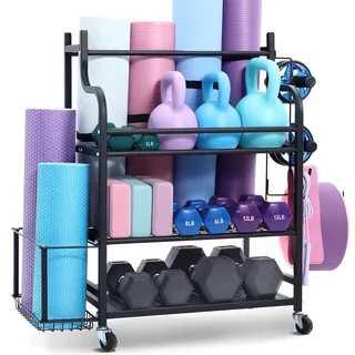 Vevor Heimgymnastik Aufbewahrungsregal Aufbewahrungsständer Yogamattenhalter (3 Schichten), Yogamatten Gewichtheben Rack mit Rädern & Haken, Hantel Gewichtheben Rack für Heimübung Fitnessgeräte