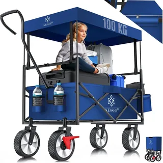 KESSER® Bollerwagen faltbar mit Dach Handwagen Transportkarre Gerätewagen | inkl. 2 Netztaschen und Einer Außentasche | klappbar | Vollgummi-Reifen | bis 100 kg Tragkraft | Mit Vorderrad-Bremse - Blau