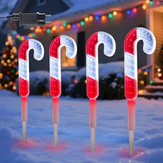 Quntis LED Gartenstecker Weihnachten mit Erdspieß 3D-Tunneleffekt 4 Zuckerstangen Strombetriebene Weihnachtsdeko Gartendeko, IP44 wasserdichte Weihnachtsbeleuchtung Outdoor für Hof Weg Balkon